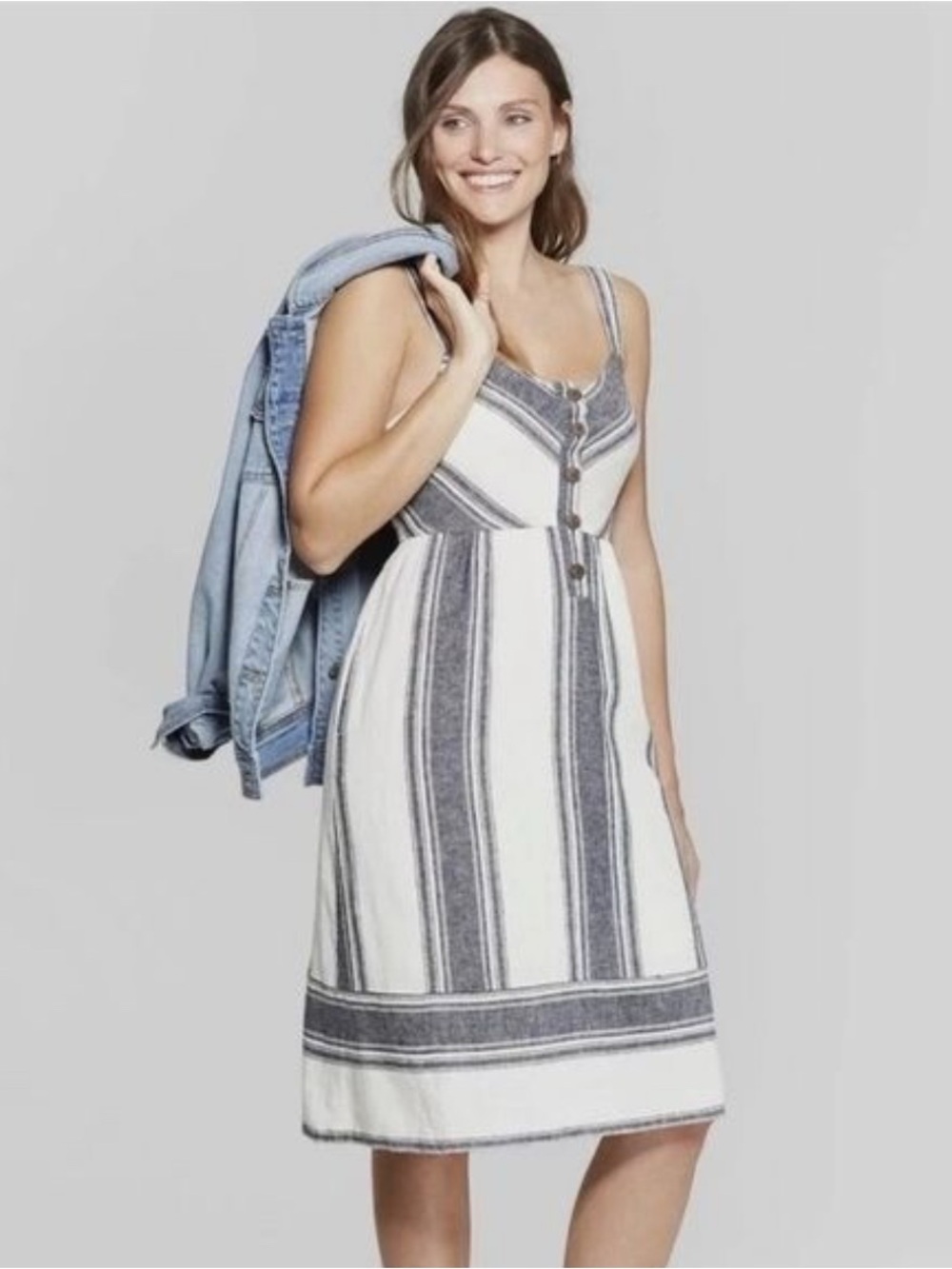 Universal Thread V-Neck Striped Button Front smocked back Midi Dress women’s L - Picture 5 of 5